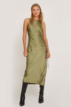 Load image into Gallery viewer, Satin Olive Raybu Ruched Dress
