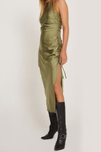 Load image into Gallery viewer, Satin Olive Raybu Ruched Dress
