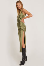 Load image into Gallery viewer, Satin Olive Raybu Ruched Dress
